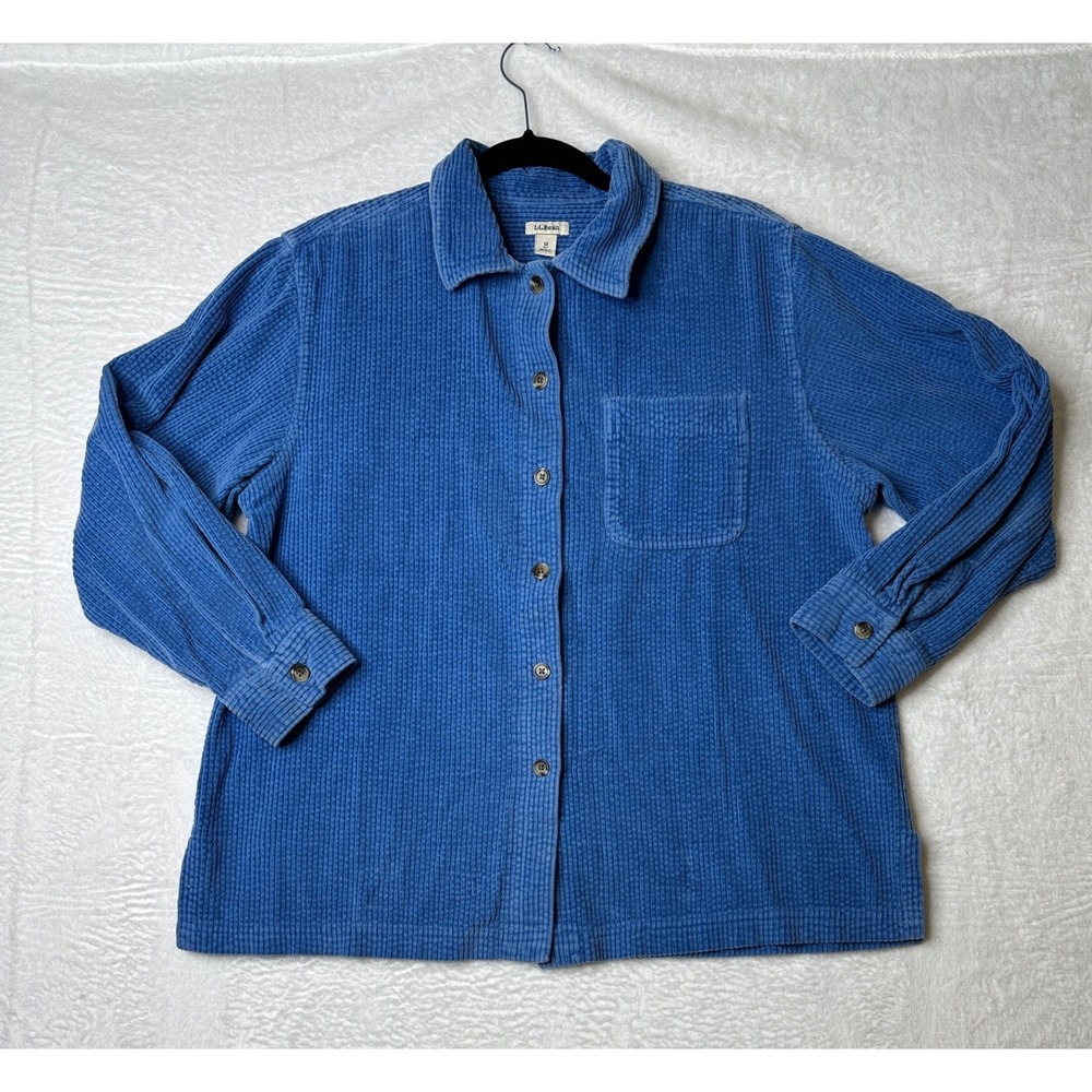 L.L.Bean Corduroy Shirt Womens M Petite Blue Long Sleeve Button Front Pocket